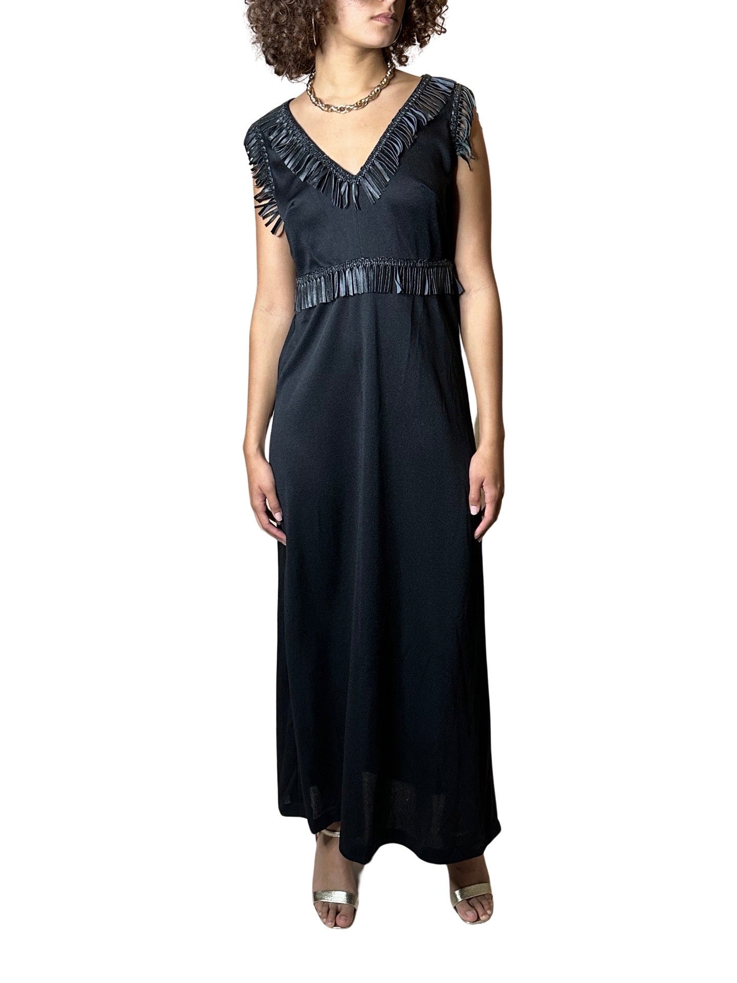 Unique Original Vintage 1970's Black & Faux Leather Detailed Maxi Dress UK 14 - 16