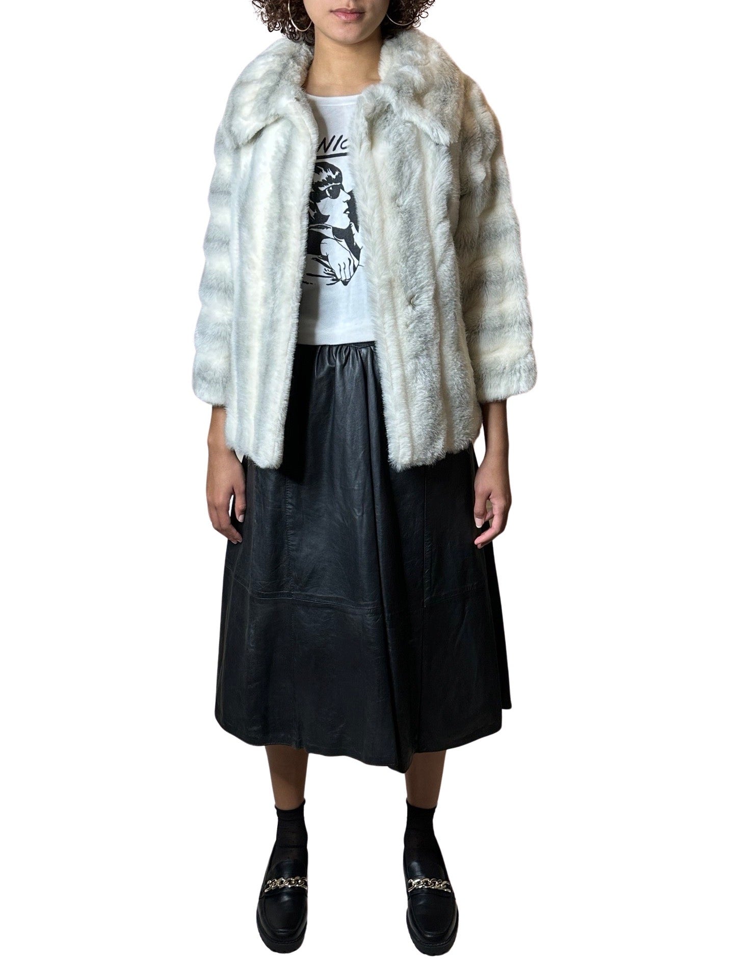 Original 1970's Vintage White & Grey Faux Fur Coat UK 8 - 12