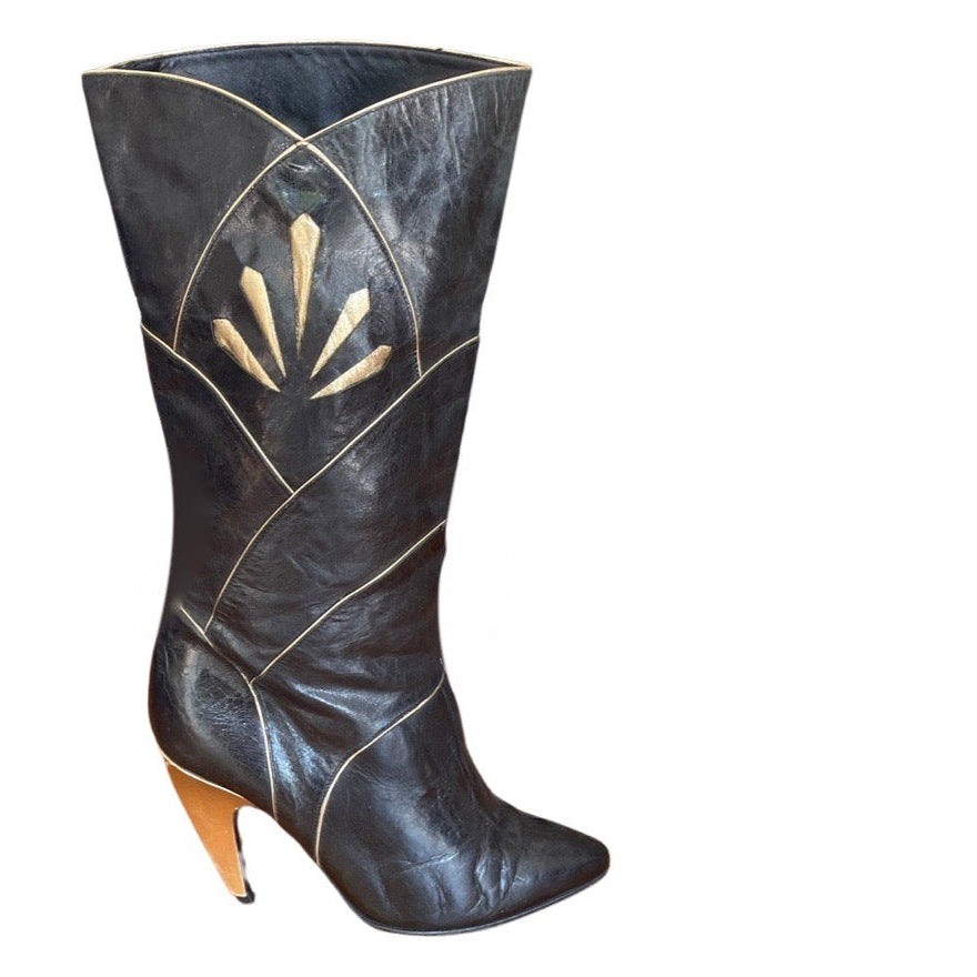 Incredible 1980's Original Vintage Black & Gold Boots UK 5