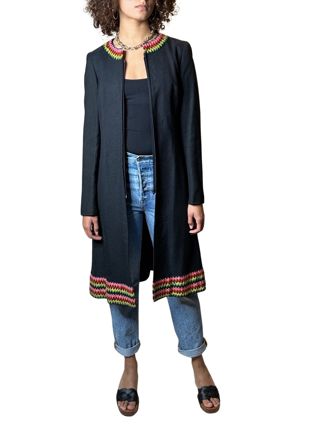 Original Vintage 1970's Black Boho / Hippie Wool Coat UK 8 - 12
