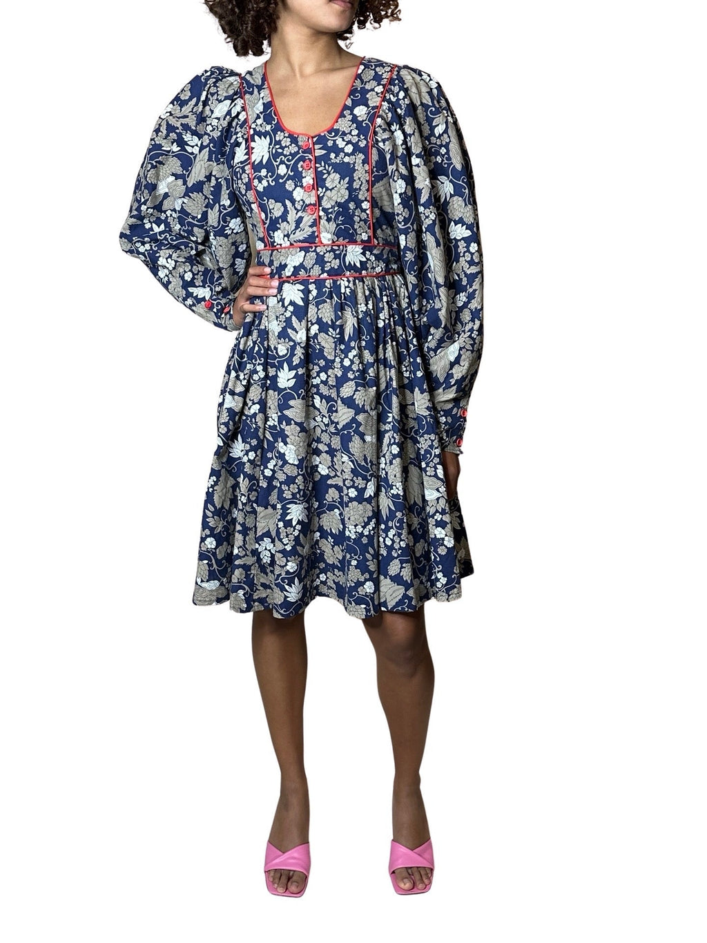 Rare & Original Vintage 1970's Navy Floral Dress UK 10 - 14