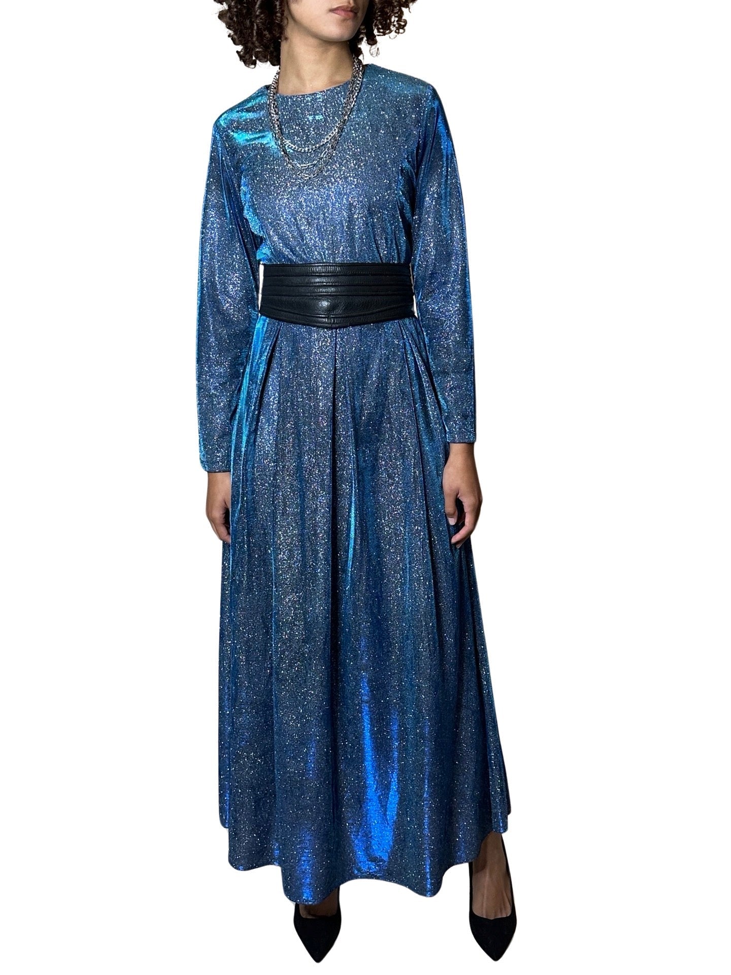 Incredible Original Vintage Blue Metallic Maxi Dress UK 10 - 14