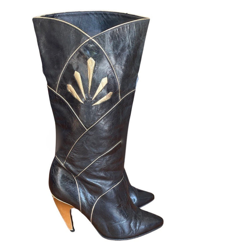 Incredible 1980's Original Vintage Black & Gold Boots UK 5