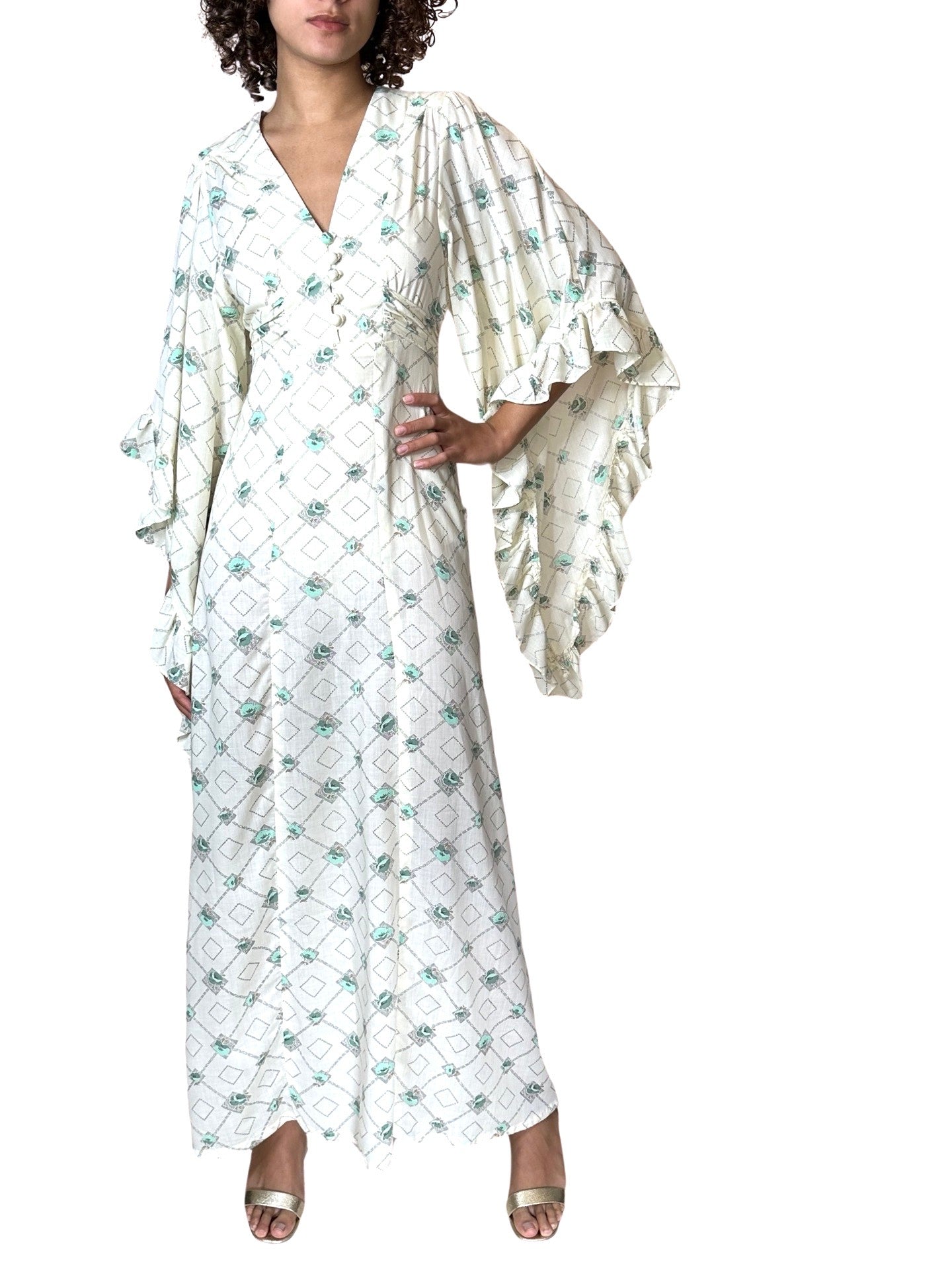 1970's Vintage Cream Printed Angel Sleeve Wedding Dress UK 8 - 14