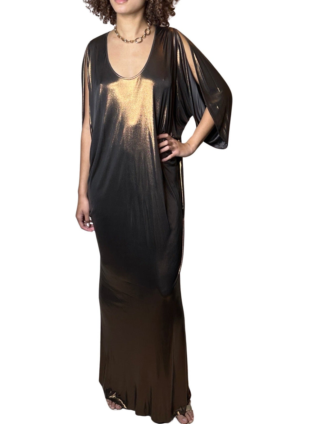 Incredible Vintage Halston Gold / Bronze Kaftan Dress Uk 8 - 14
