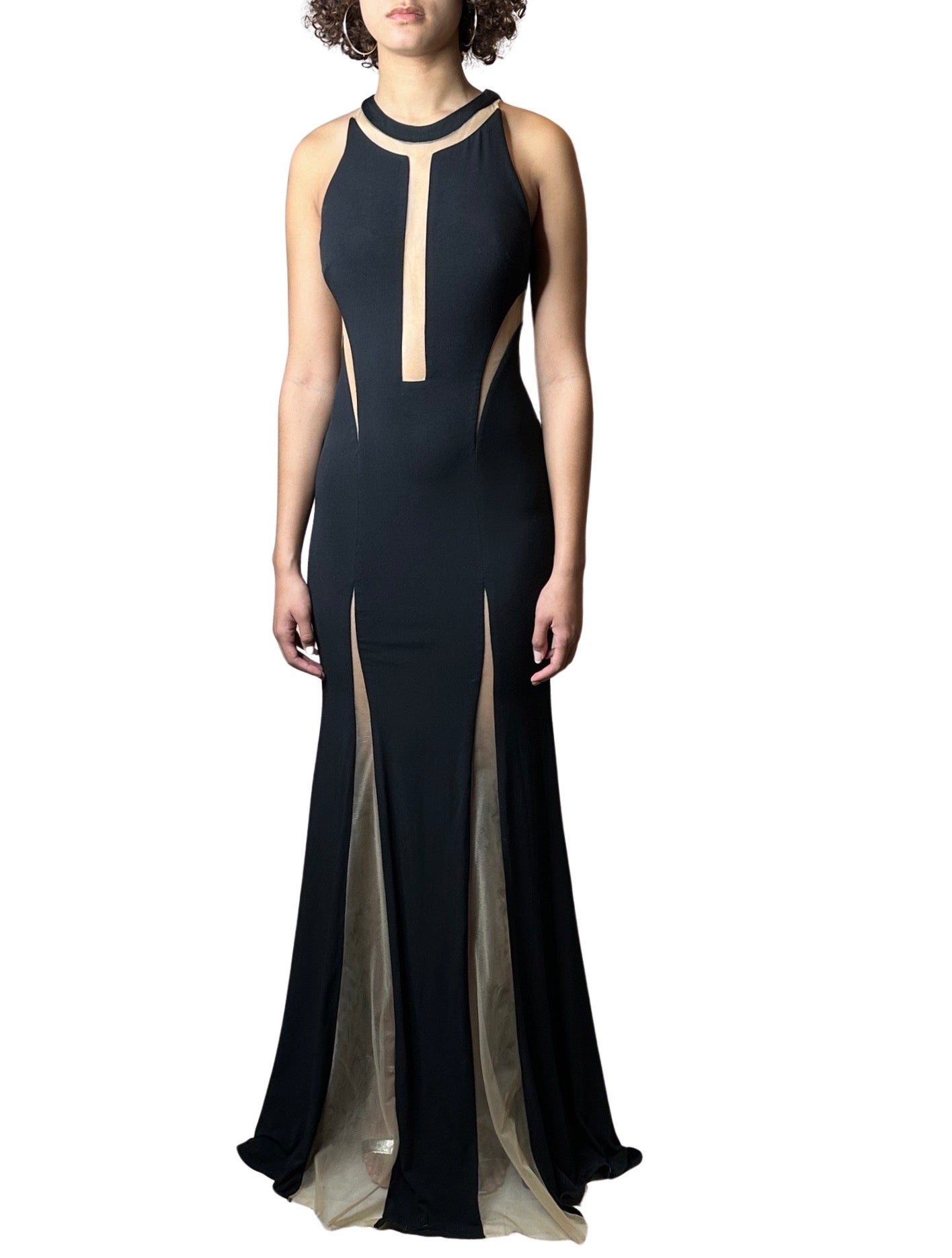 1970'S Vintage Black with Sheer Panelling Maxi Dress Uk 8 - 10