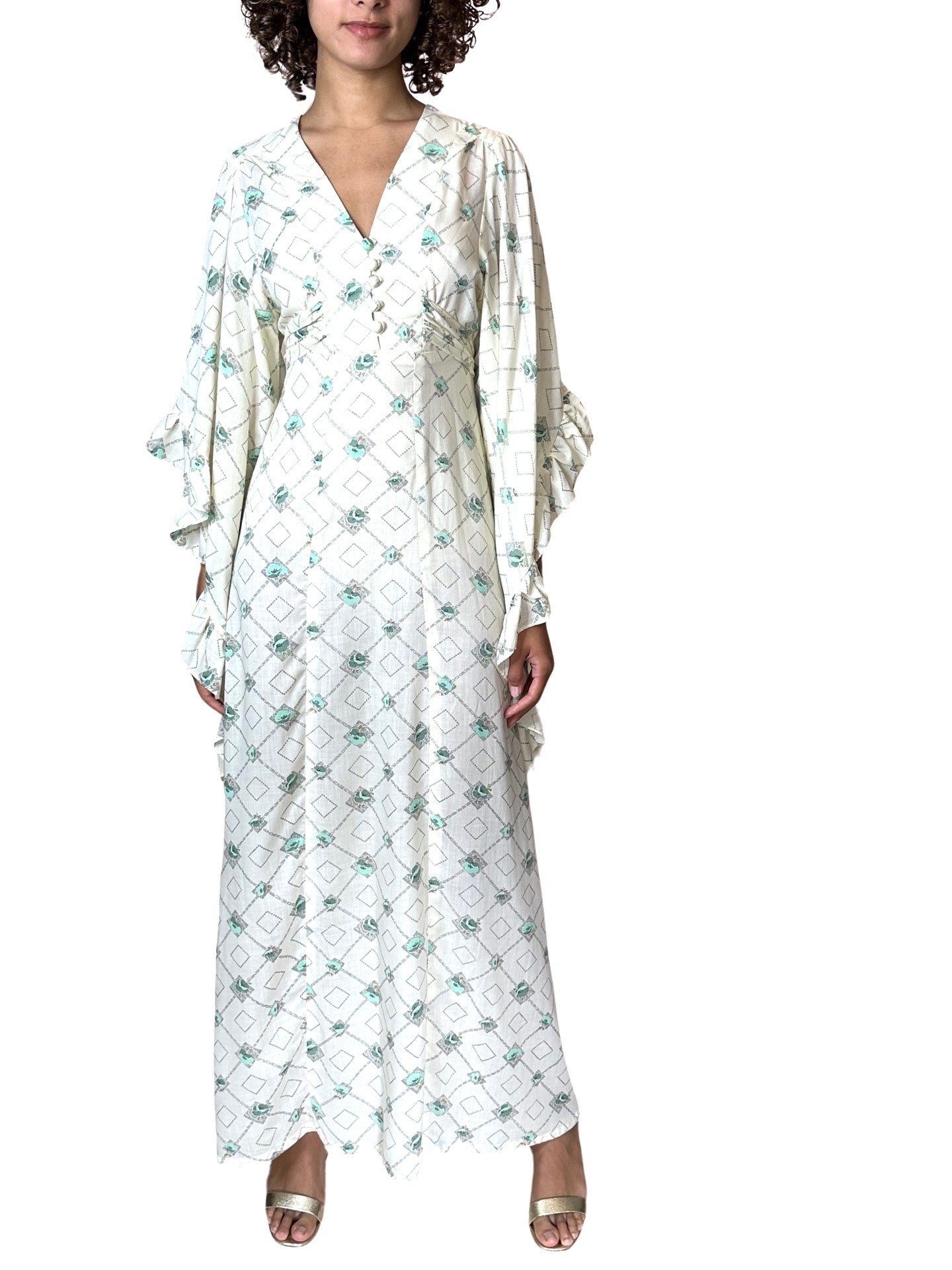 1970's Vintage Cream Printed Angel Sleeve Wedding Dress UK 8 - 14