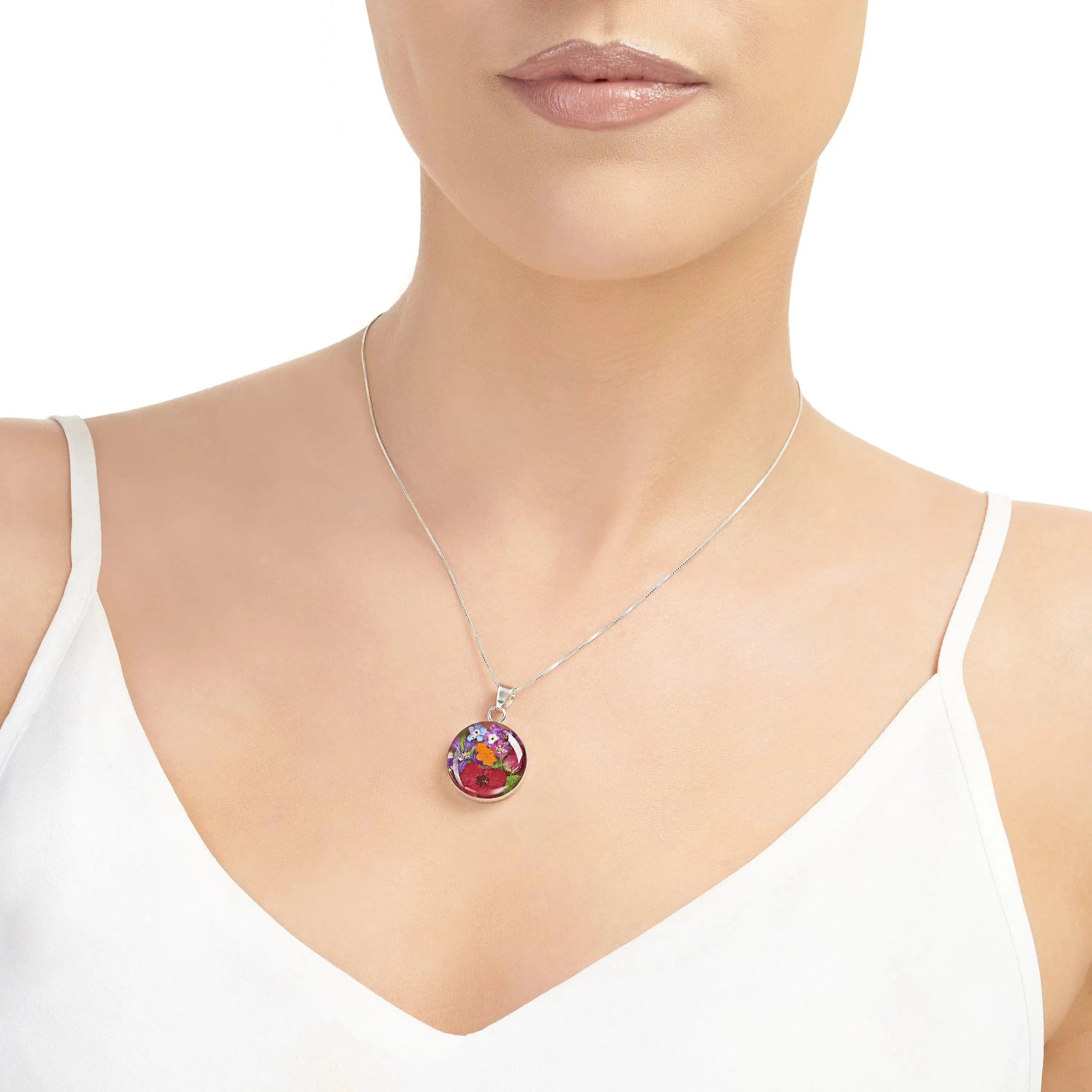 Sterling silver round pendant with real flowers by Shrieking Violet®