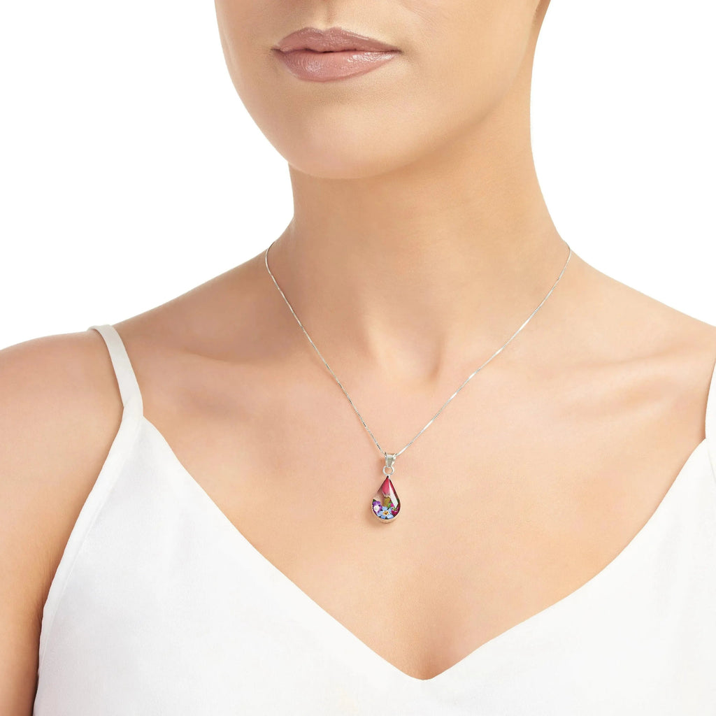 Sterling Silver Teardrop Necklace with Real Flowers - Shrieking Violet®