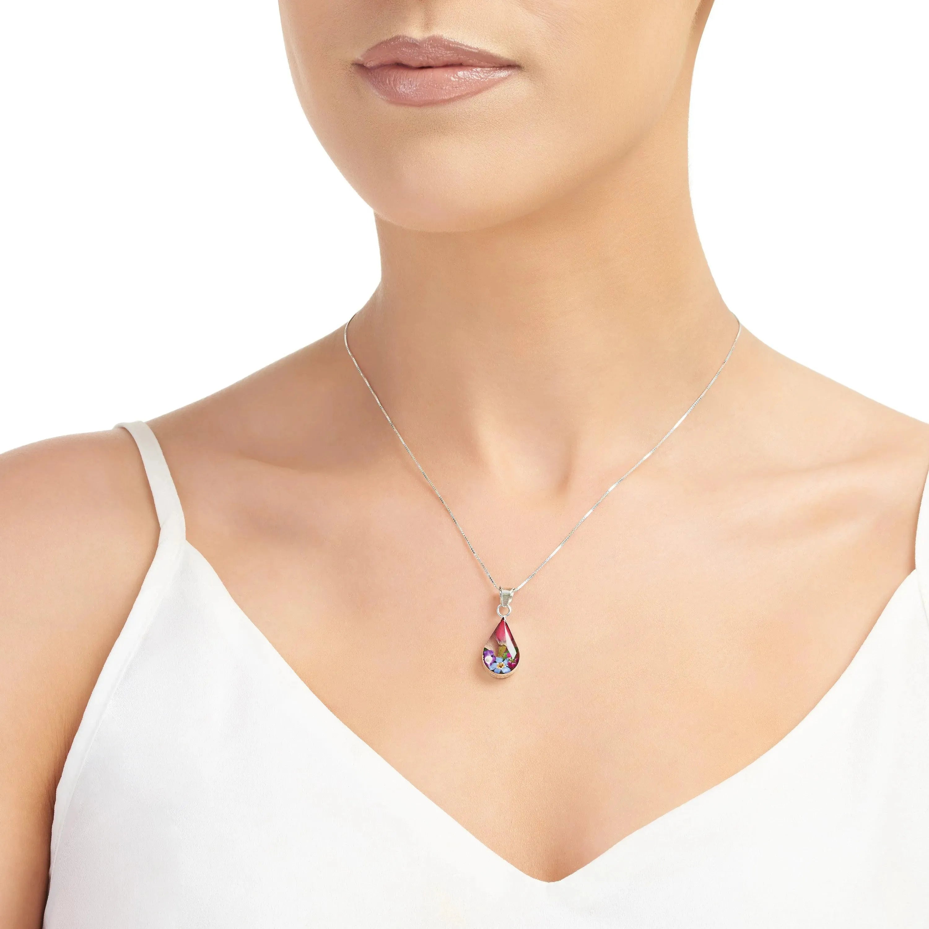 Sterling Silver Teardrop Necklace with Real Flowers - Shrieking Violet®