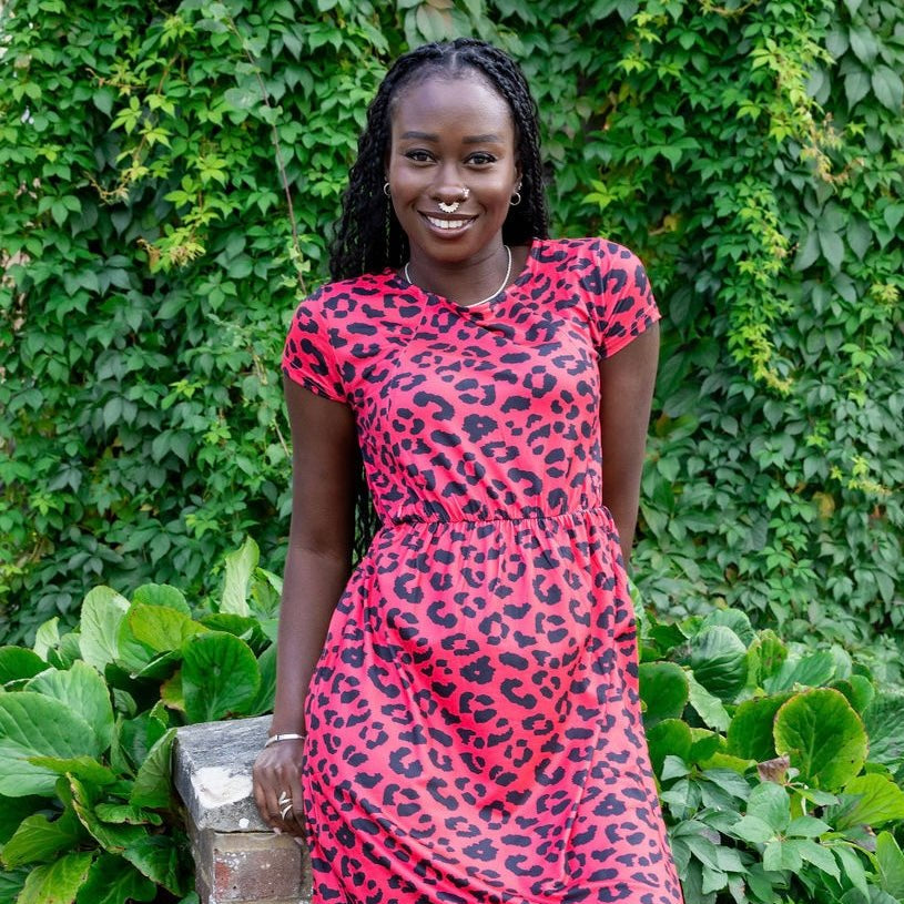 The Knee Length Breastfeeding Dress - Red Leopard Print