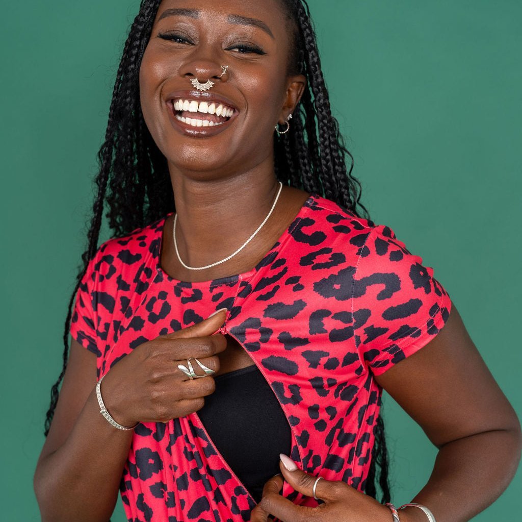 The Knee Length Breastfeeding Dress - Red Leopard Print