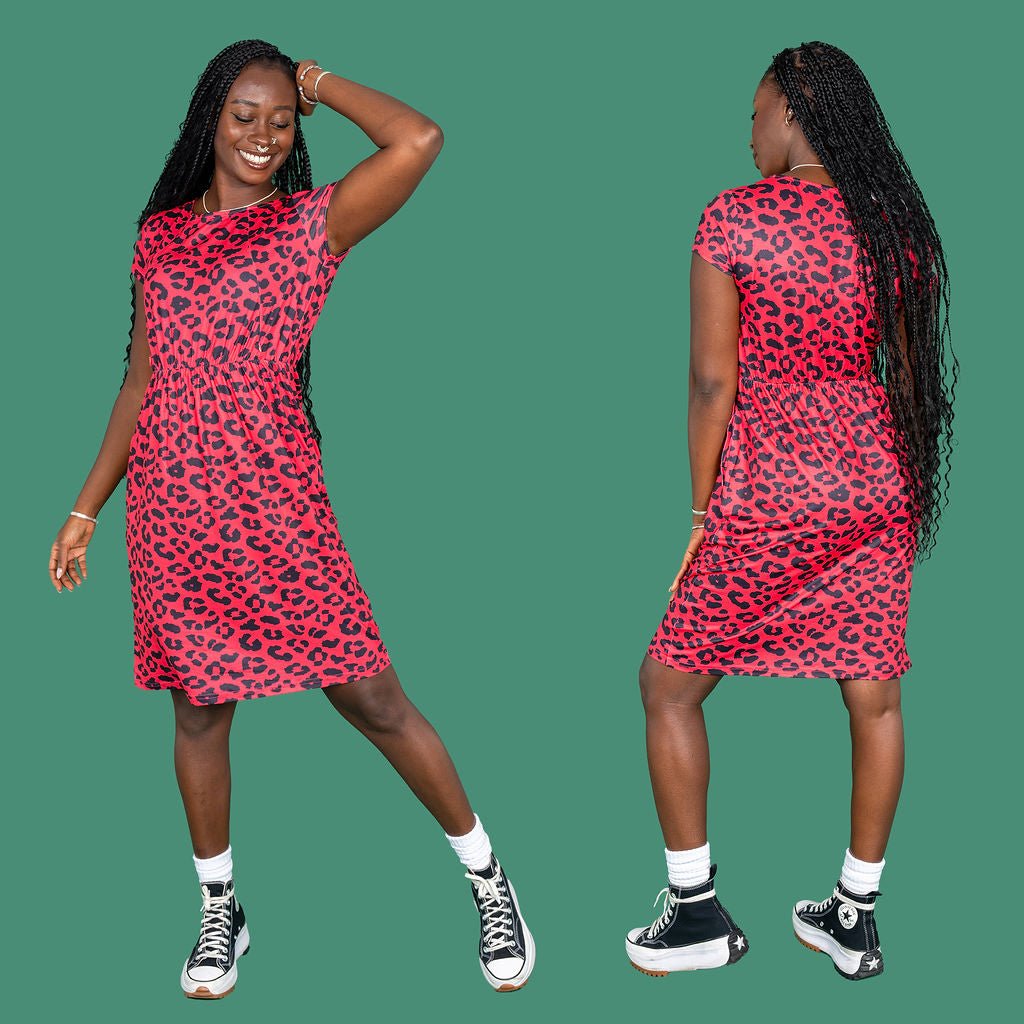 The Knee Length Breastfeeding Dress - Red Leopard Print