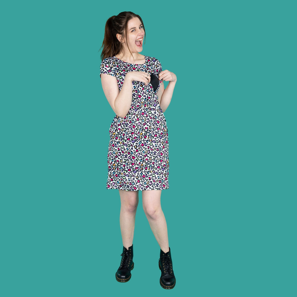 The Knee Length Breastfeeding Dress - Ruby Rainbow Leopard