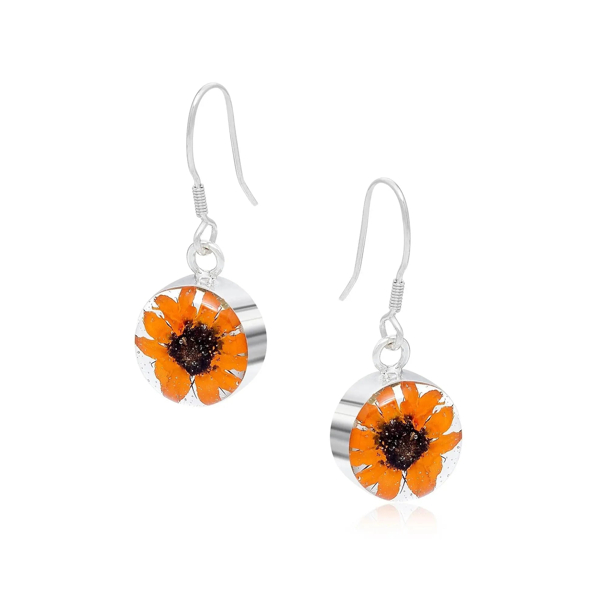 Sunflower jewellery by  Shrieking Violet® Sterling silver dangle drop earrings with real mini sunflowers. Ideal gift for a special friend, mum, wife