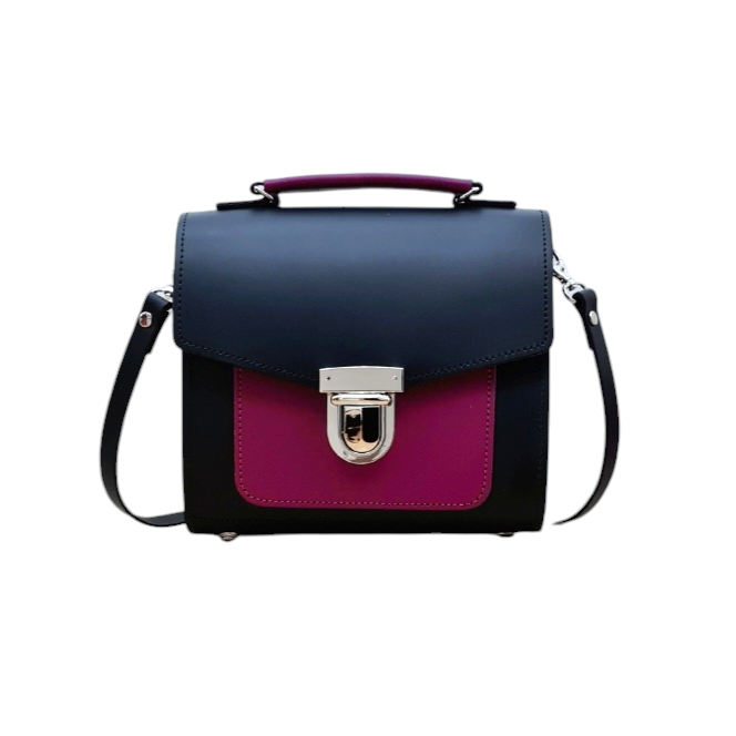 Handmade Leather Two Tone Sugarcube Handbag - Black & Magenta