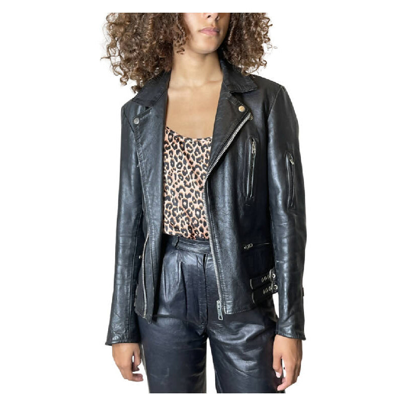 Original 1980's Vintage Black Leather Fringed Biker Jacket UK 10 - 14