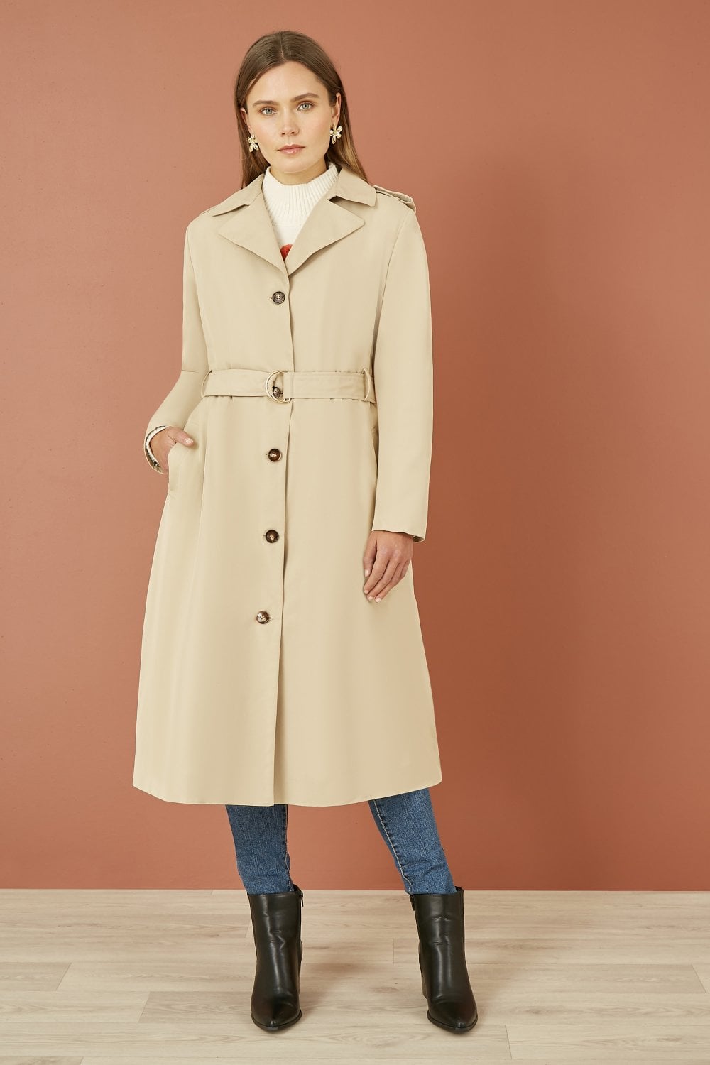 Yumi Beige Belted Long Trench Coat With Belt