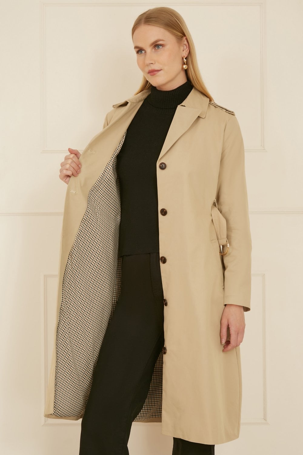 Yumi Beige Belted Long Trench Coat With Belt