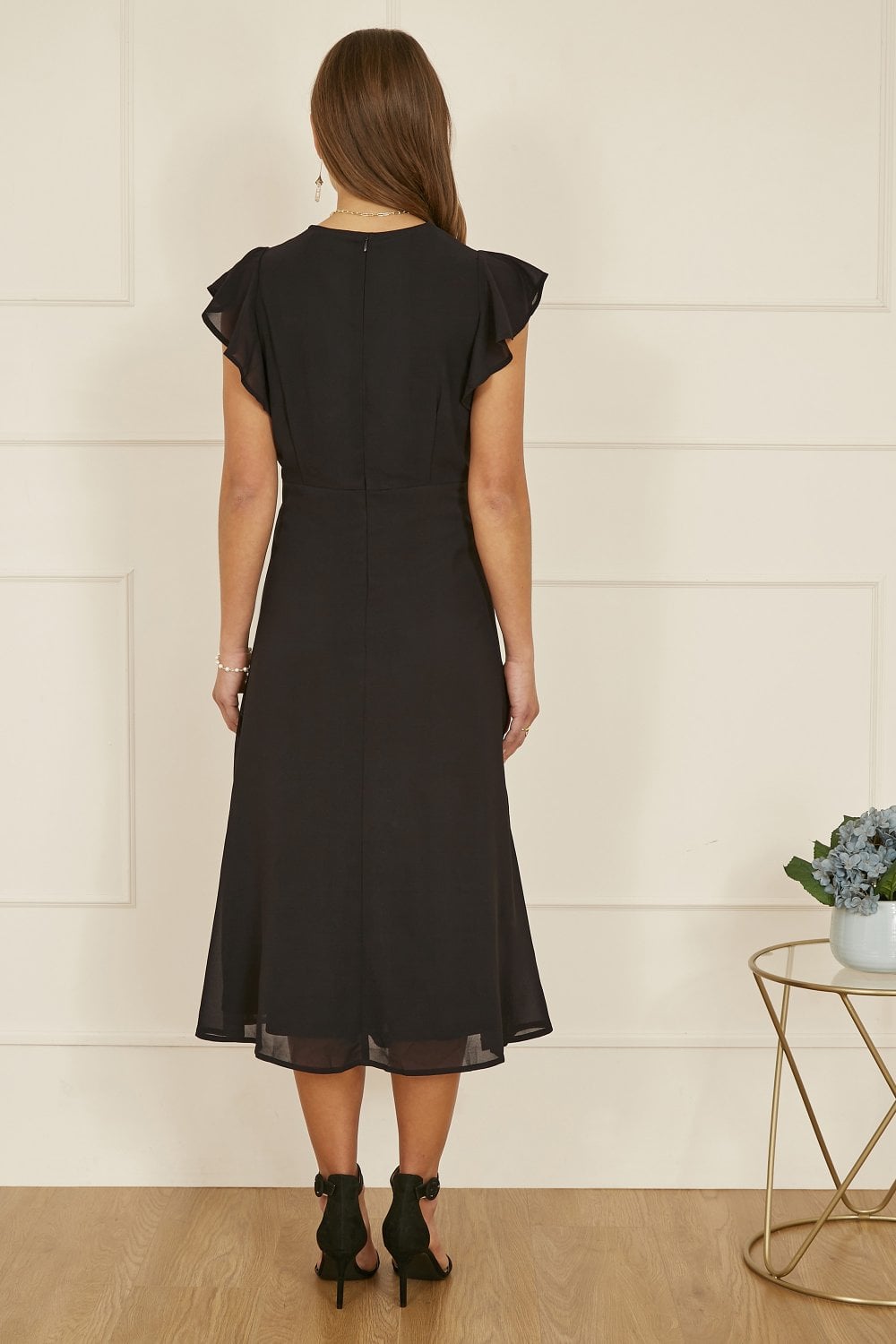 Yumi Black All Over Floral Embroidery Midi Skater Dress