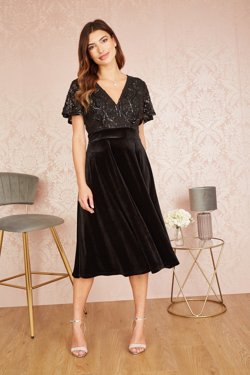Yumi Black Embellished Velvet Wrap Skater Midi Dress