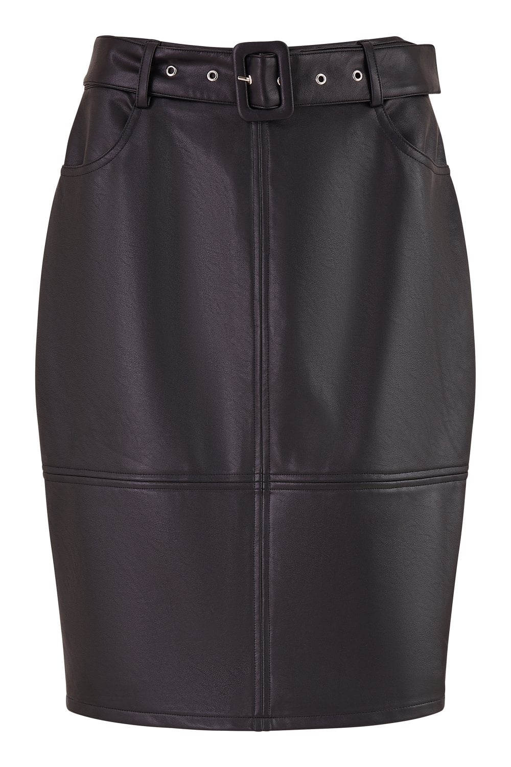 Yumi Black Faux Leather Midi Pencil Skirt With Matching Belt