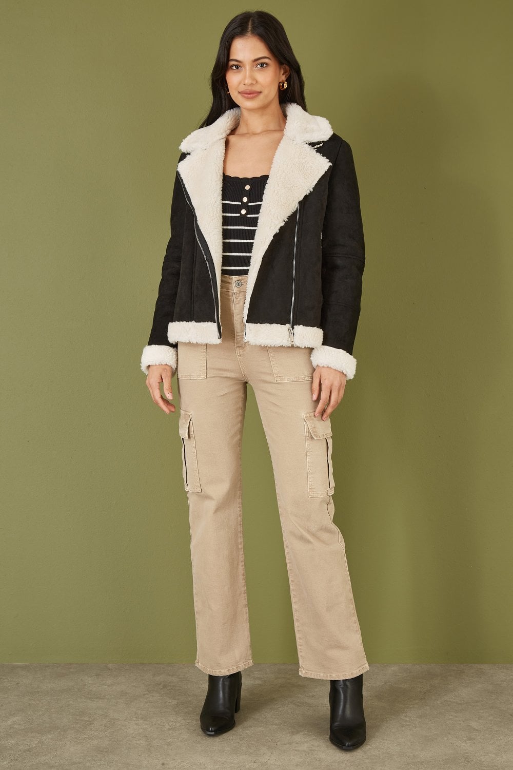 Yumi Black Faux Suede And Shearling Biker Jacket