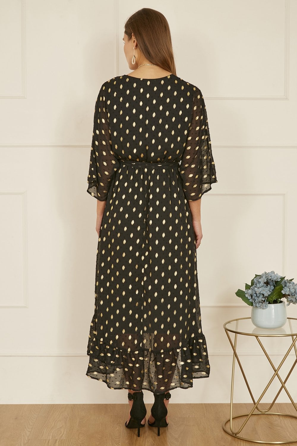 Yumi Black Foil Print Wrap Over Dip Hem Midi Dress