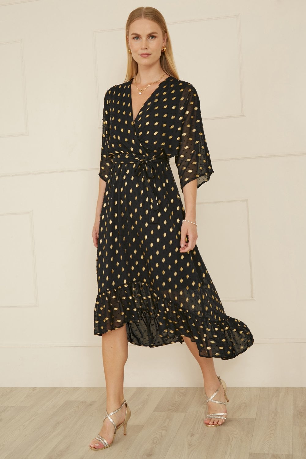 Yumi Black Foil Print Wrap Over Dip Hem Midi Dress