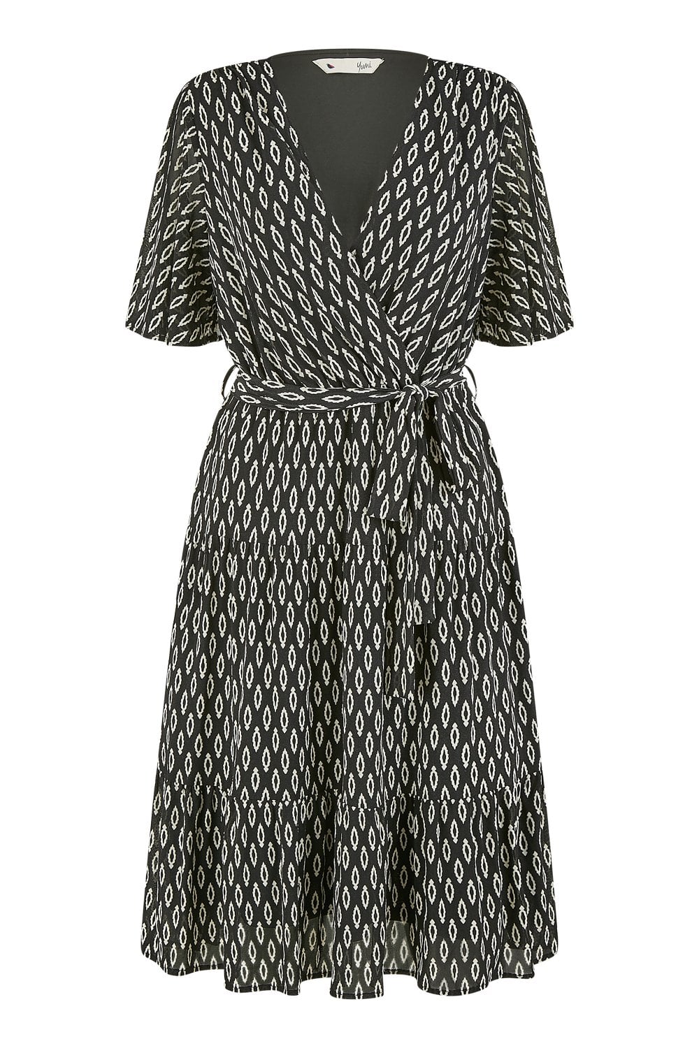 Yumi Black Geo Print Mesh Stretch Midi Skater Dress