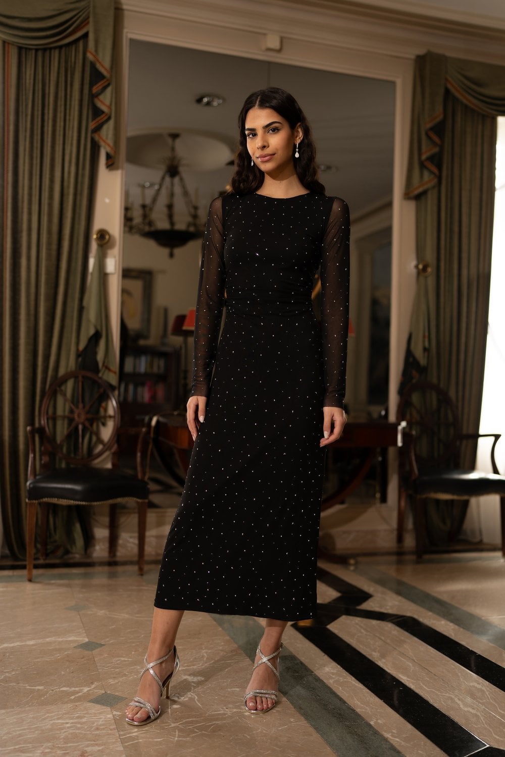 Yumi Black Mesh Bodycon Midi Dress With Tie Back and Diamantes