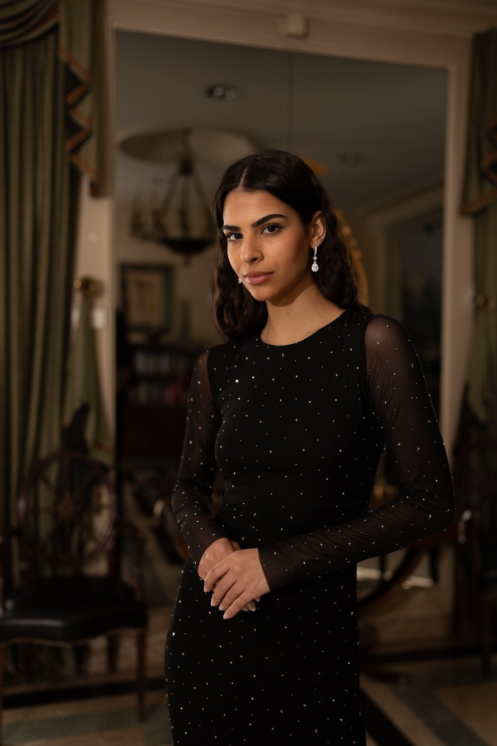 Yumi Black Mesh Bodycon Midi Dress With Tie Back and Diamantes