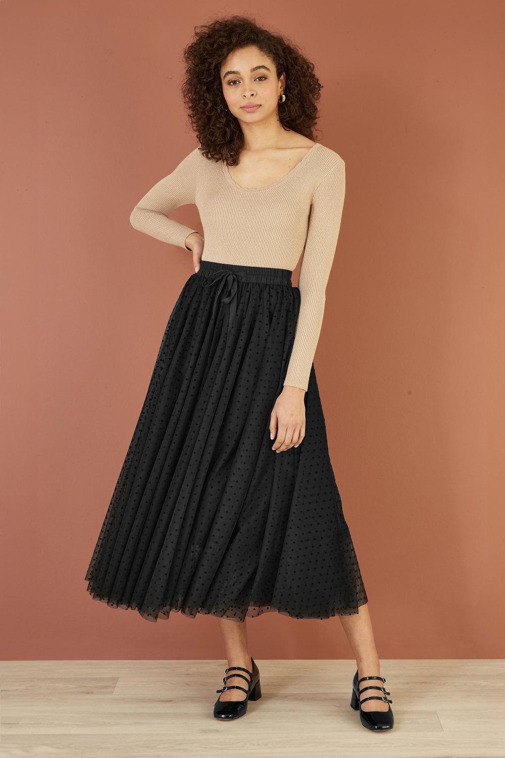 Yumi Black Mesh Heart Print Tulle Skirt