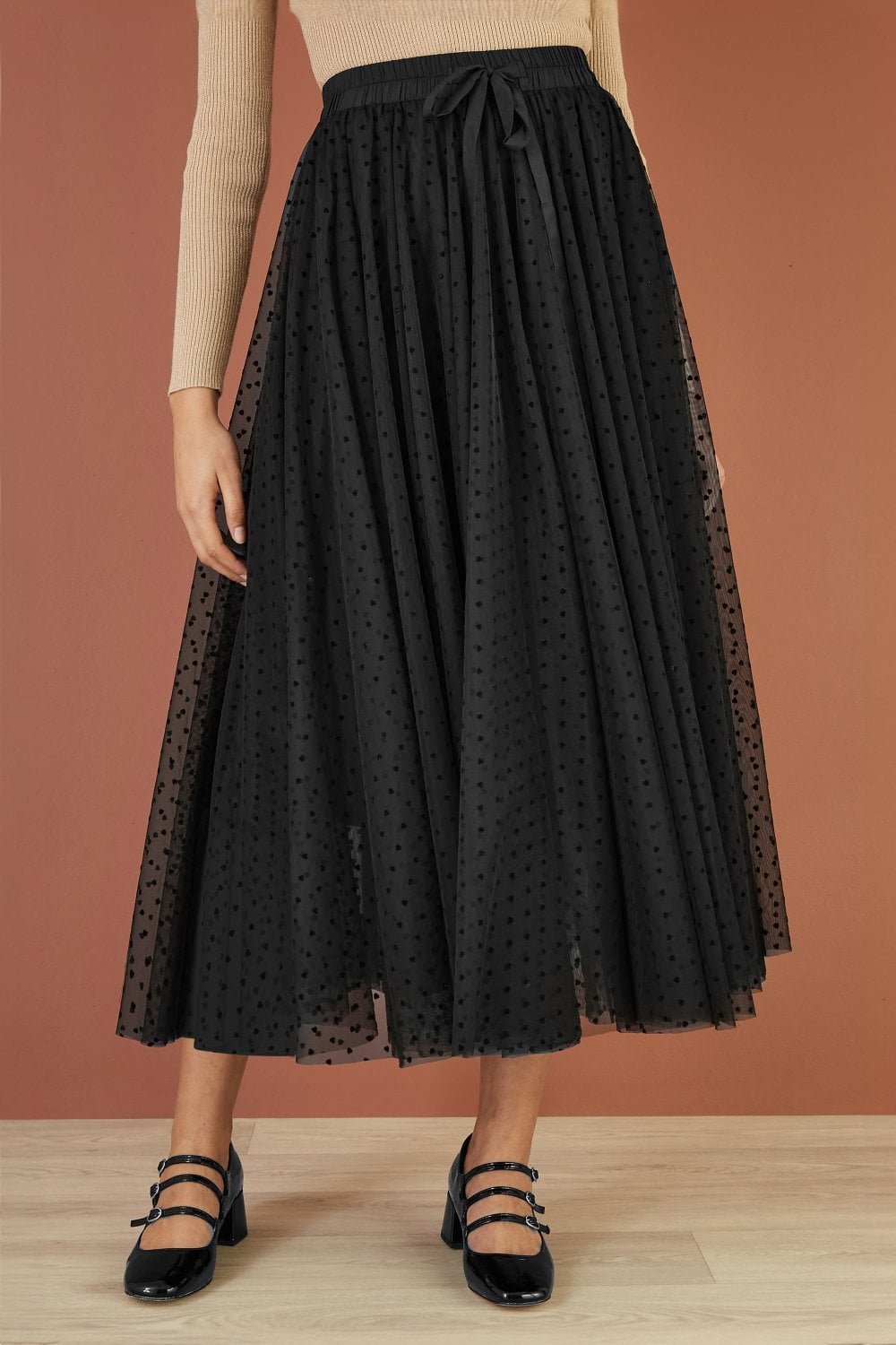 Yumi Black Mesh Heart Print Tulle Skirt