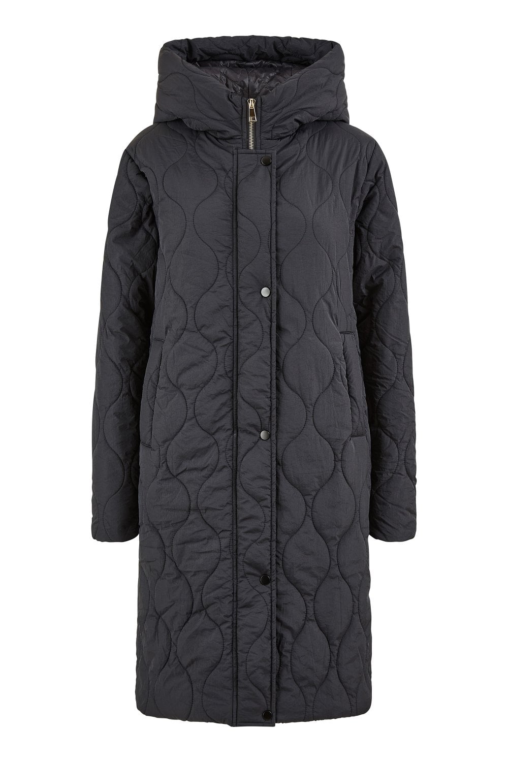 Yumi Black Padded Quilted Long Coat With Zip Detail And Hood