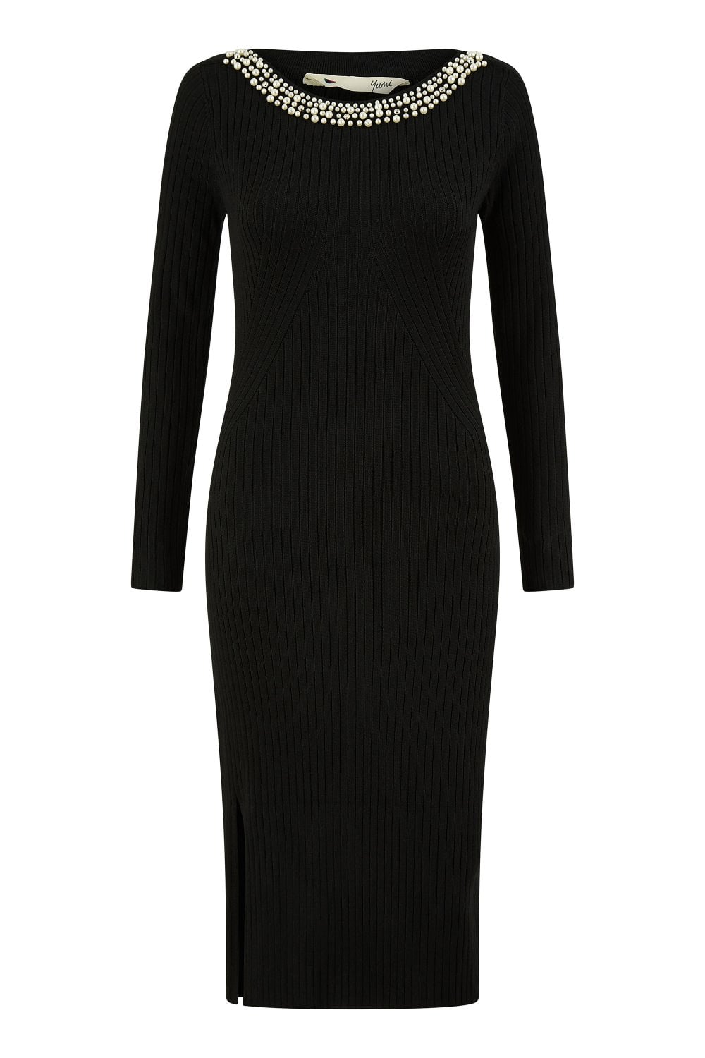 Yumi Black Pearl Neckline Fitted Midi Knitted Dress