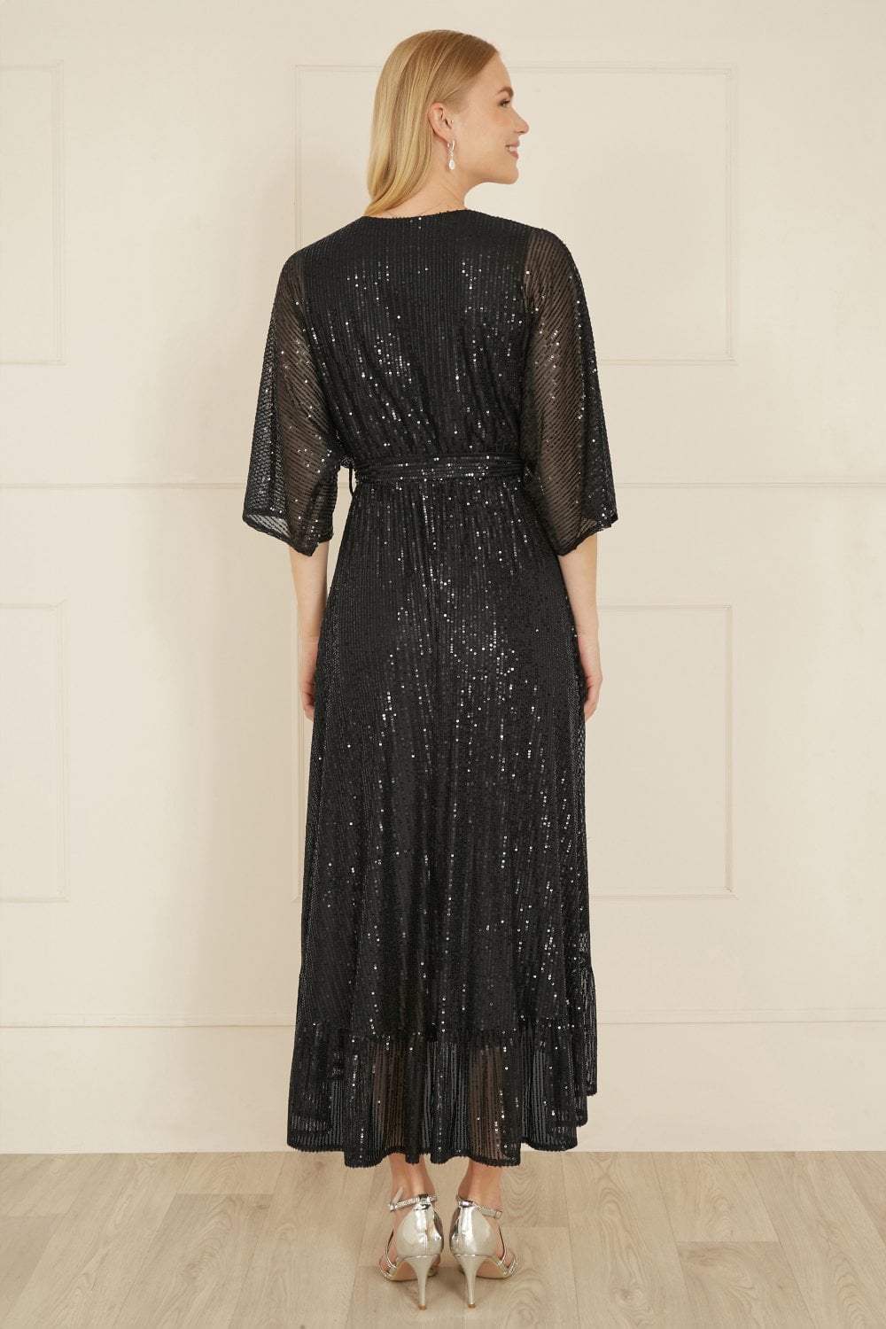 Yumi Black Sequin Kimono Midi Wrap Dress