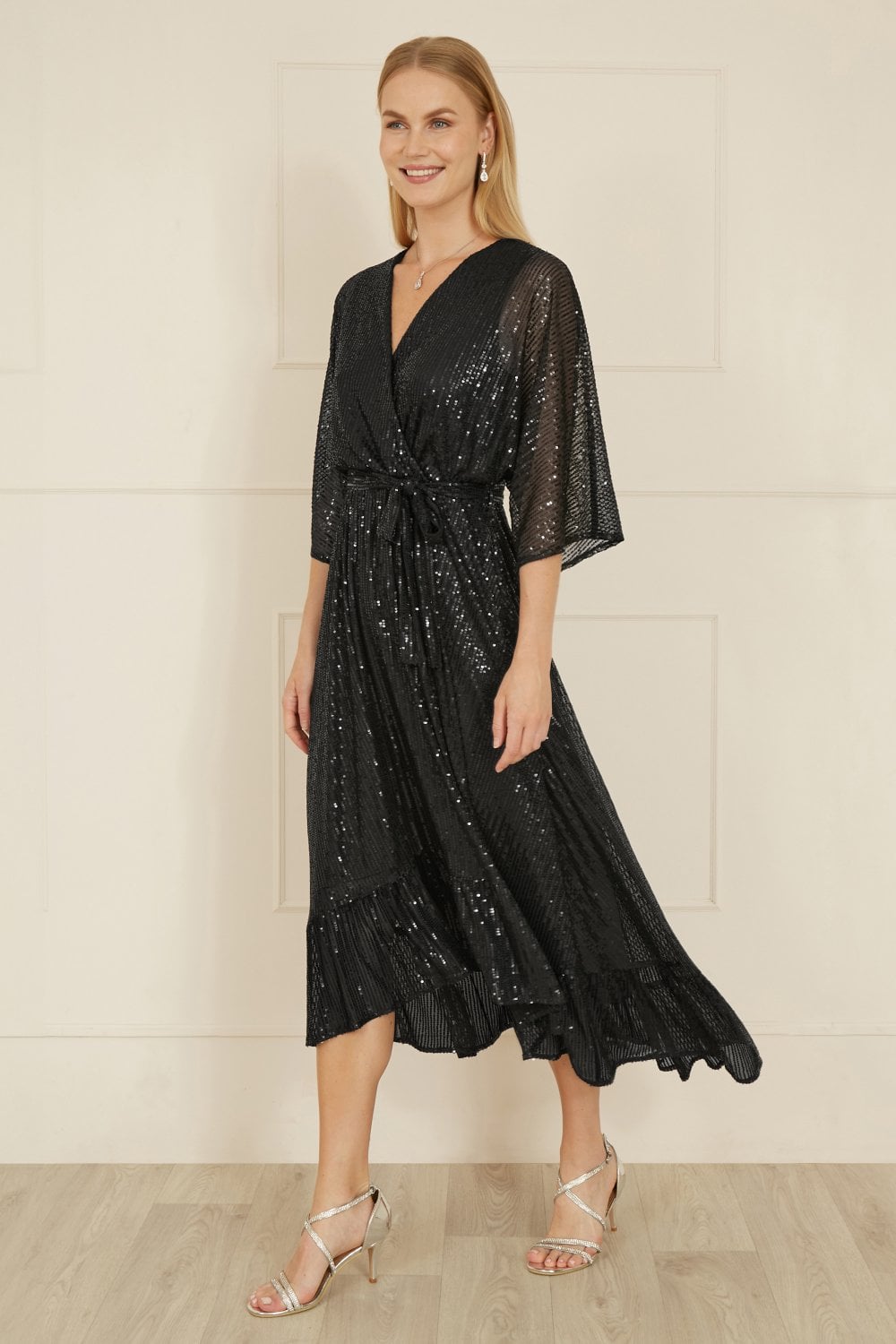 Yumi Black Sequin Kimono Midi Wrap Dress