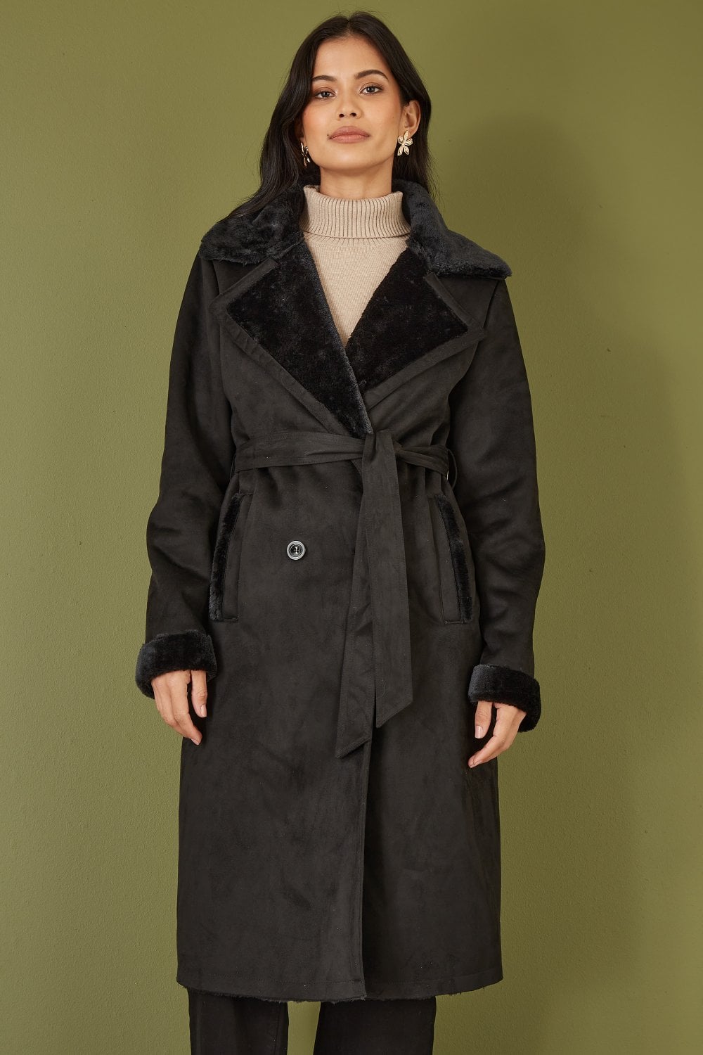 Yumi Black Trench Coat With Faux Fur Lining