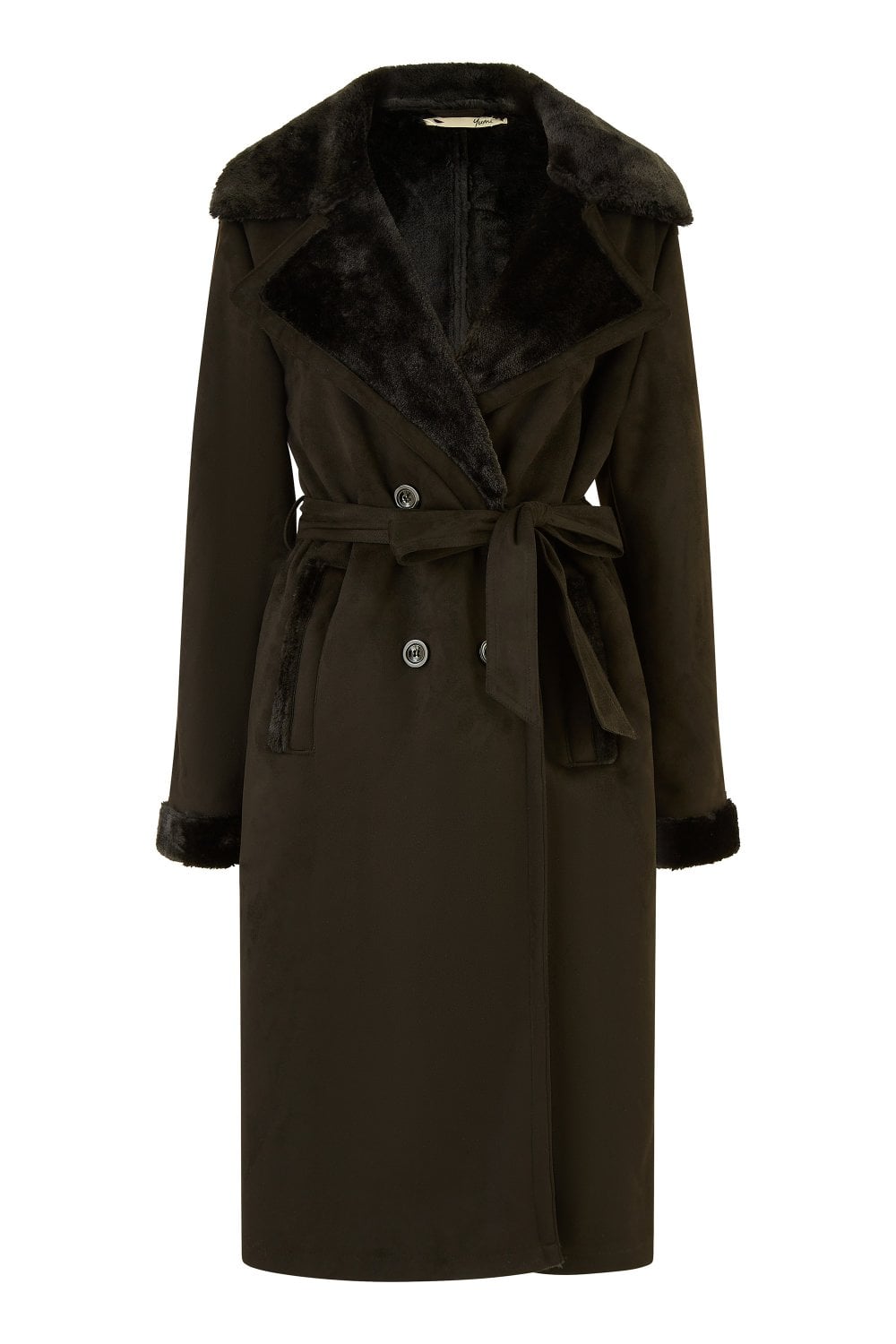 Yumi Black Trench Coat With Faux Fur Lining