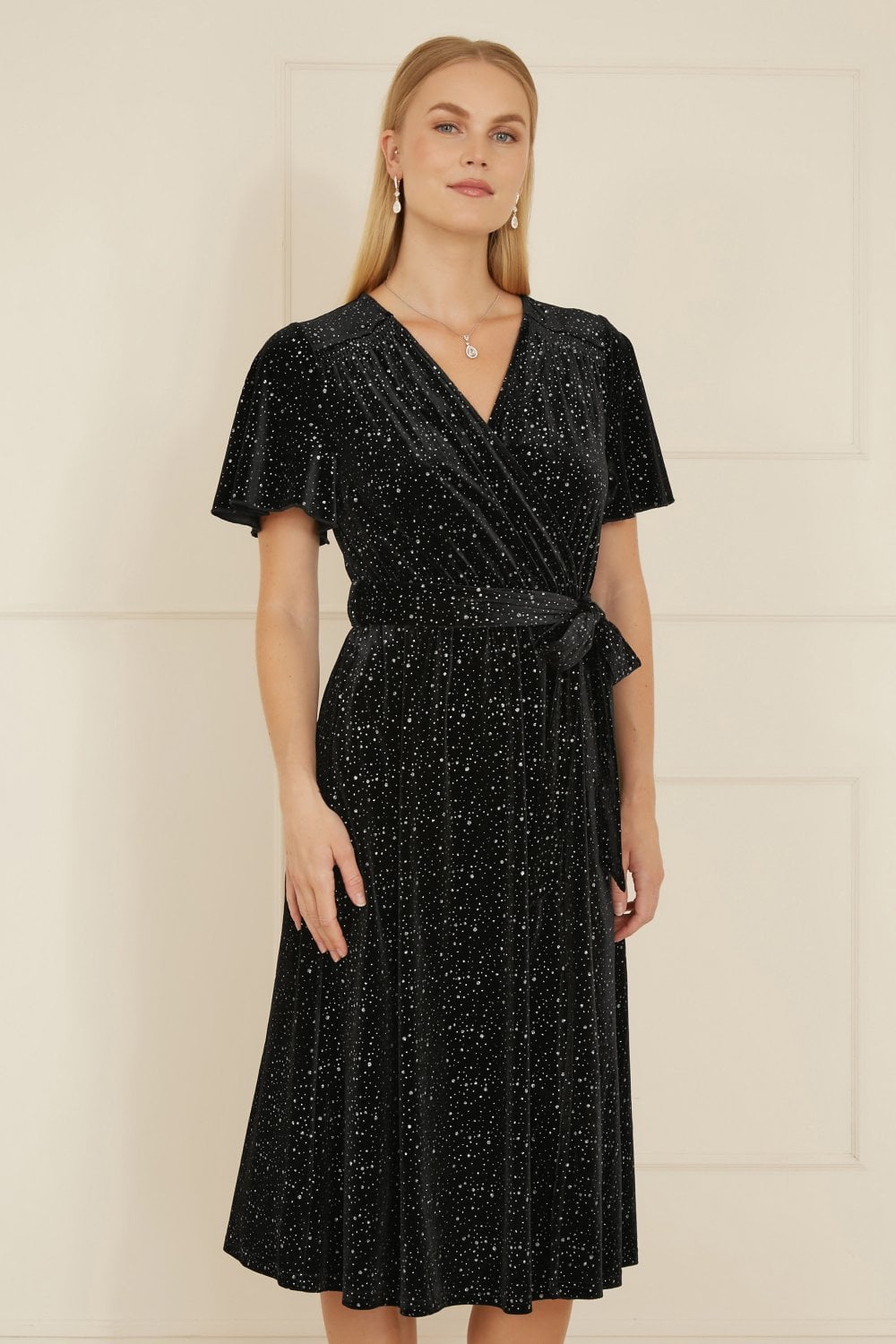 Yumi Black Velvet Sparkle Wrap Midi Dress