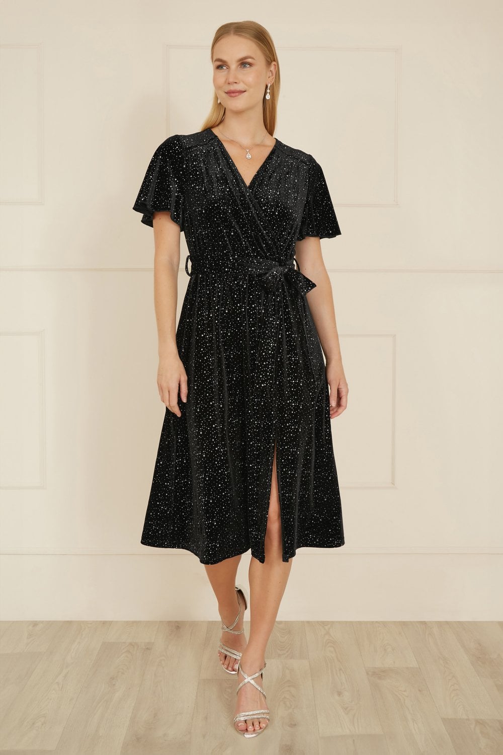Yumi Black Velvet Sparkle Wrap Midi Dress