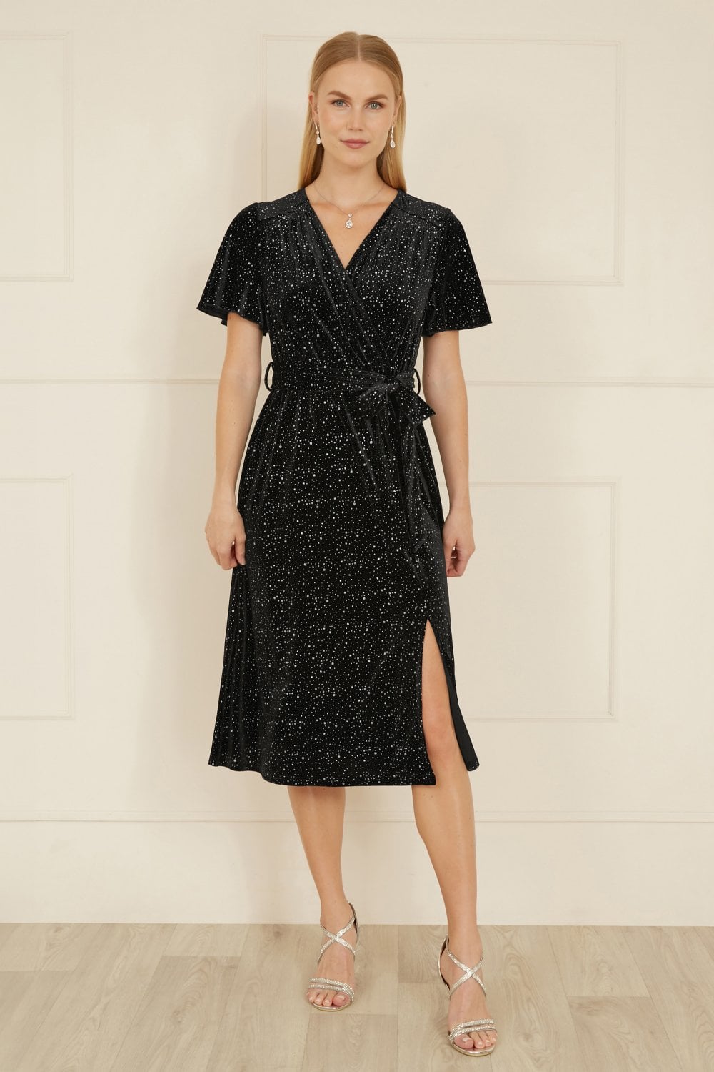 Yumi Black Velvet Sparkle Wrap Midi Dress