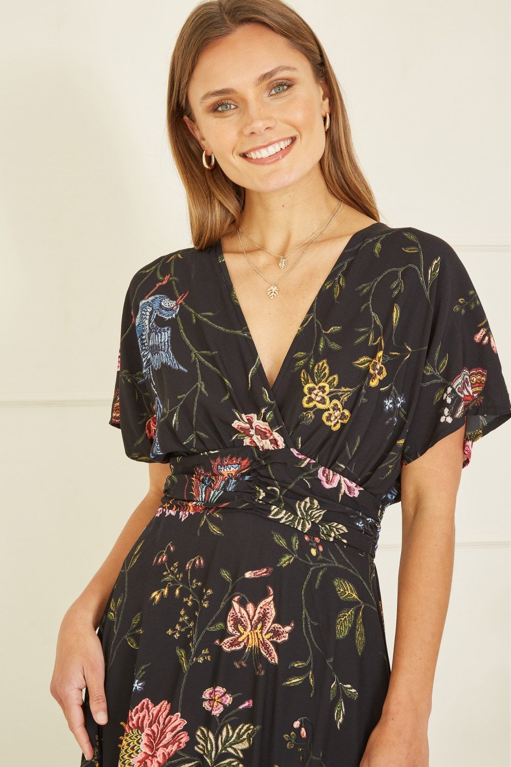 Yumi Black Viscose Bird and Floral Print Kimono Midi Dress