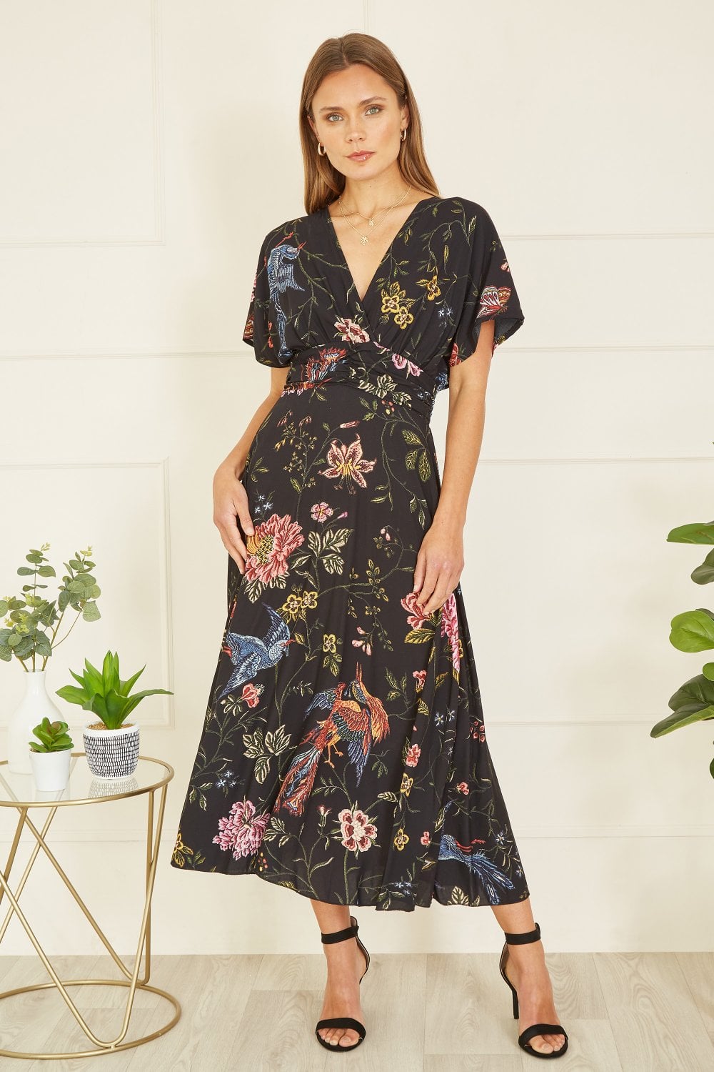 Yumi Black Viscose Bird and Floral Print Kimono Midi Dress
