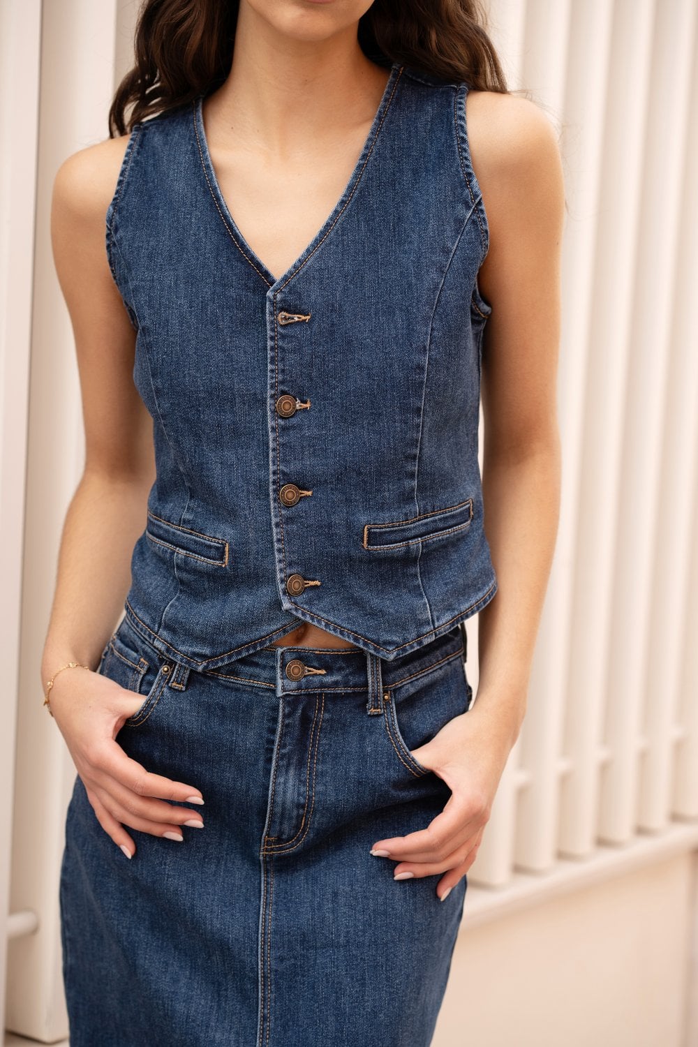 Yumi Blue Denim Stretch Fitted Midi Skirt With Front Split