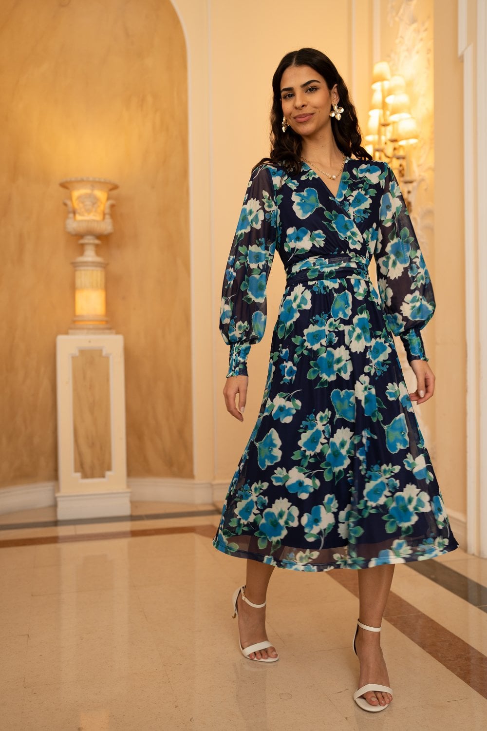 Yumi Blue Floral Mesh Wrap Dress With Long Sleeves