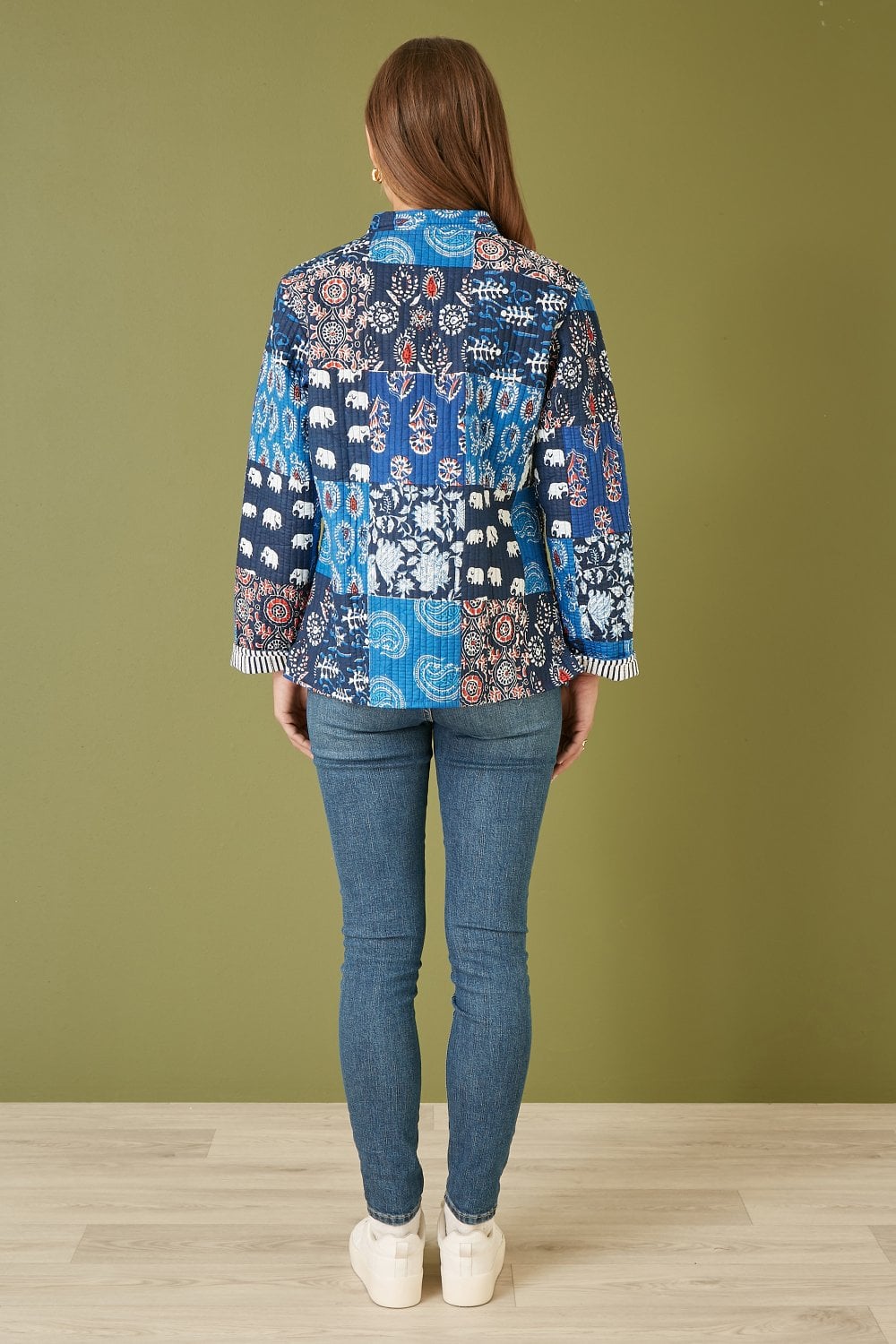 Yumi Blue Indian Patchwork Print Reversible Cotton Quilted Jacket