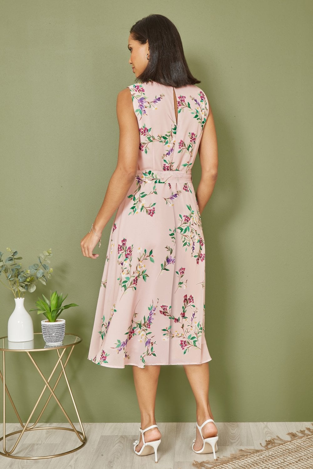 Yumi Blush Floral Print Midi Skater Dress