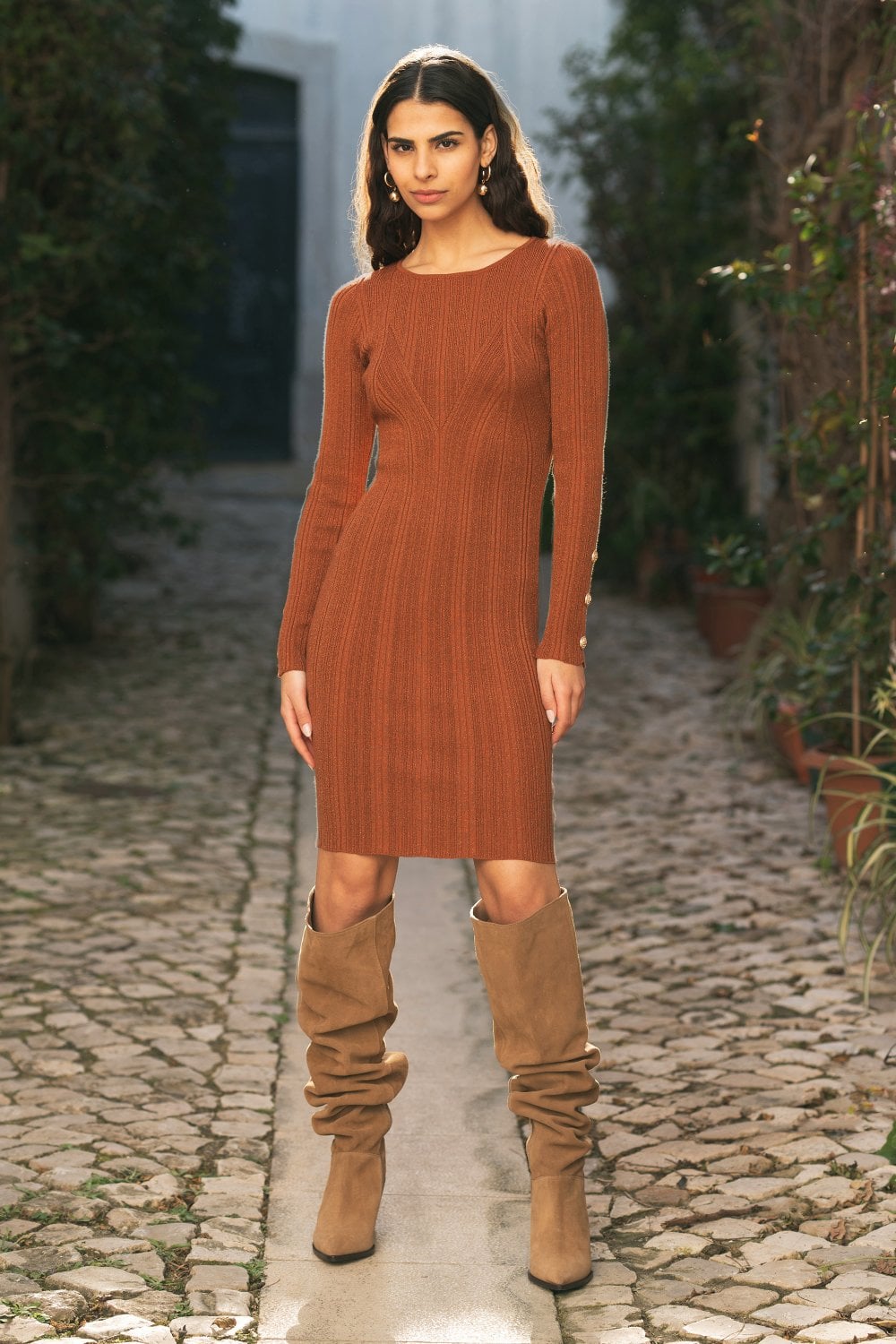 Yumi Brown Shimmer Fitted Midi Dress With Button